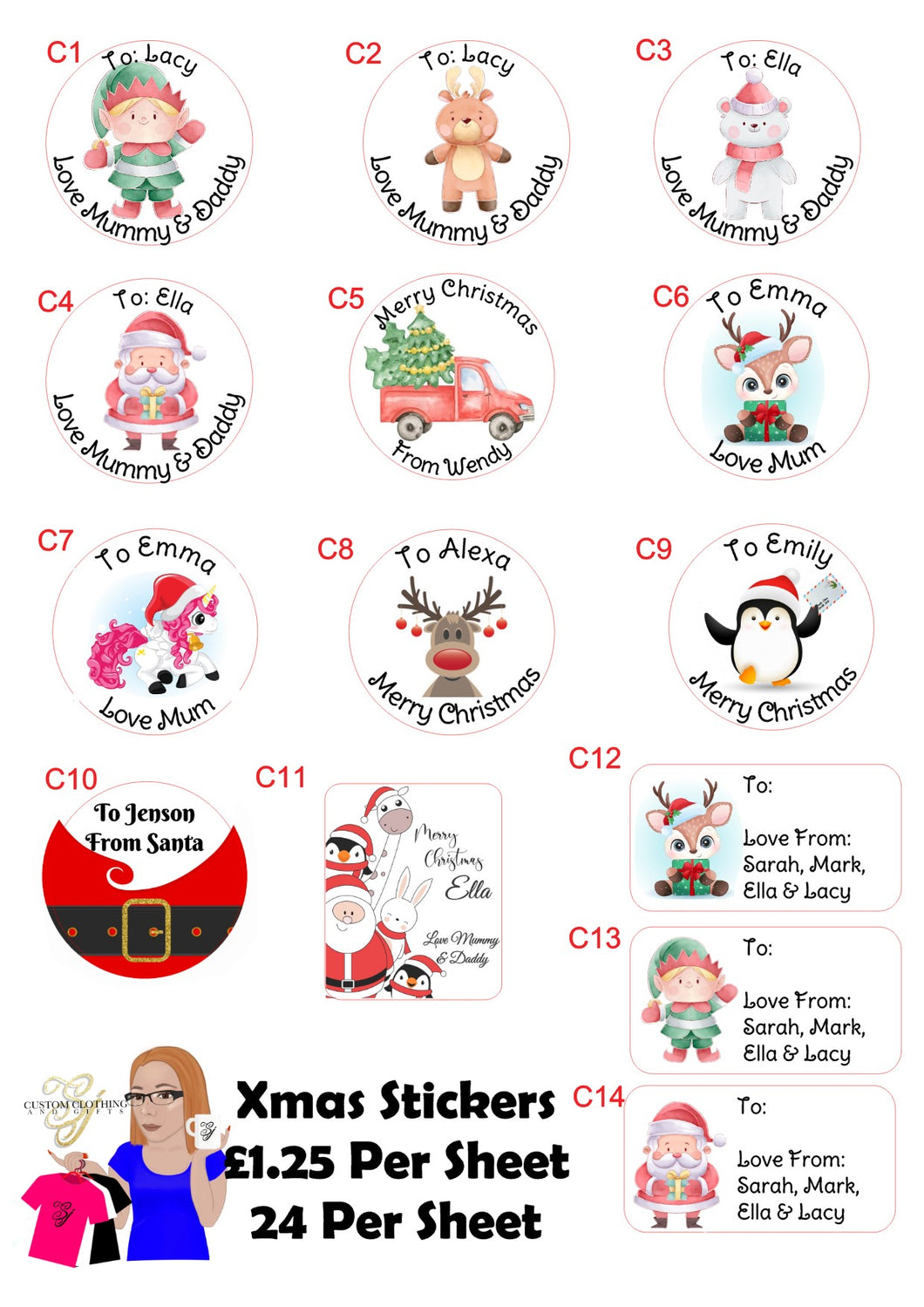 Christmas Stickers - 24 Per Sheet (One Design Per Sheet)